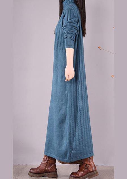 Handmade Blue Dresses High Neck Long Spring Dresses - SooLinen