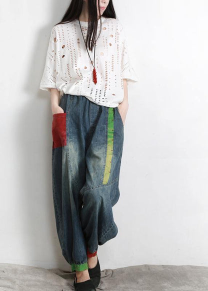 Handmade Blue Elastic Waist Patchwork Summer Pants - SooLinen