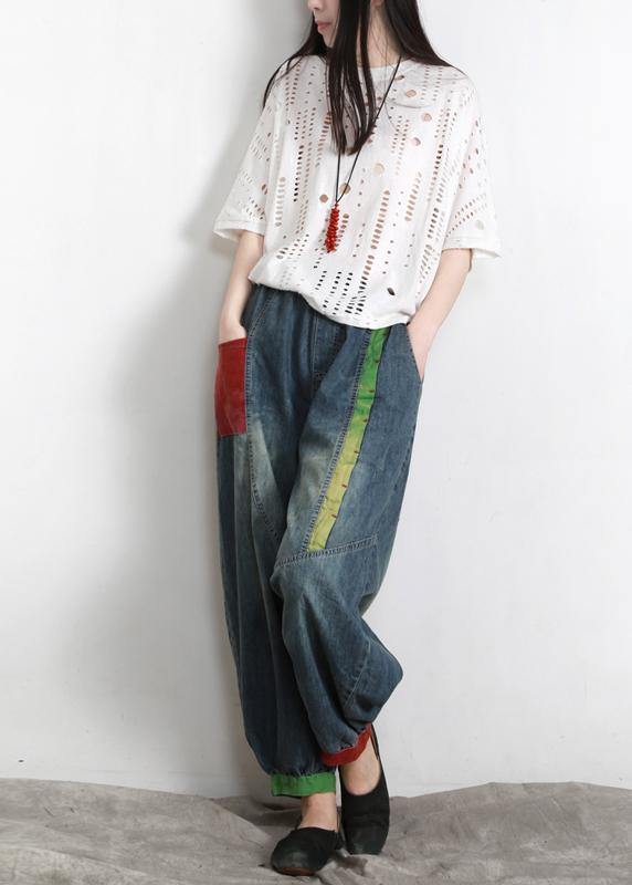 Handmade Blue Elastic Waist Patchwork Summer Pants - SooLinen