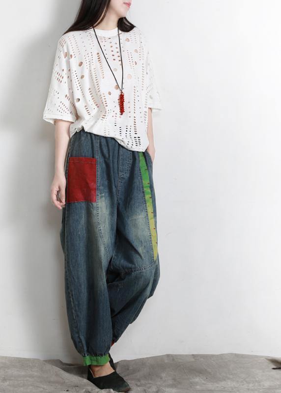 Handmade Blue Elastic Waist Patchwork Summer Pants - SooLinen