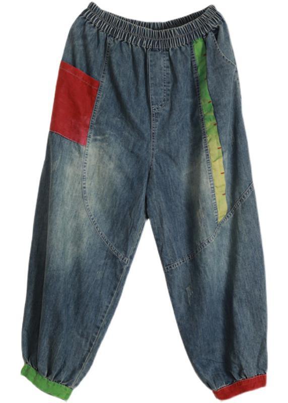 Handmade Blue Elastic Waist Patchwork Summer Pants - SooLinen