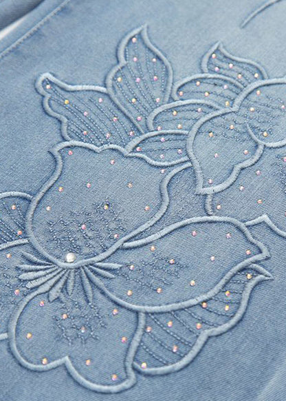 Handgefertigte blaue, mit Zirkonia bestickte Jeans für den Frühling