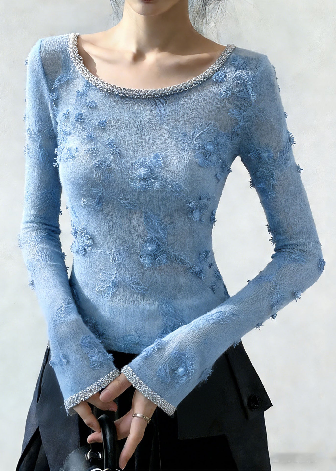 Handmade Blue Embroidered Zircon Knit Sweater Spring