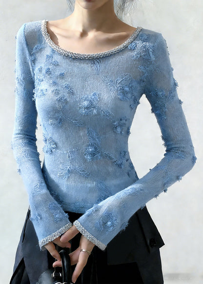 Handmade Blue Embroidered Zircon Knit Sweater Spring