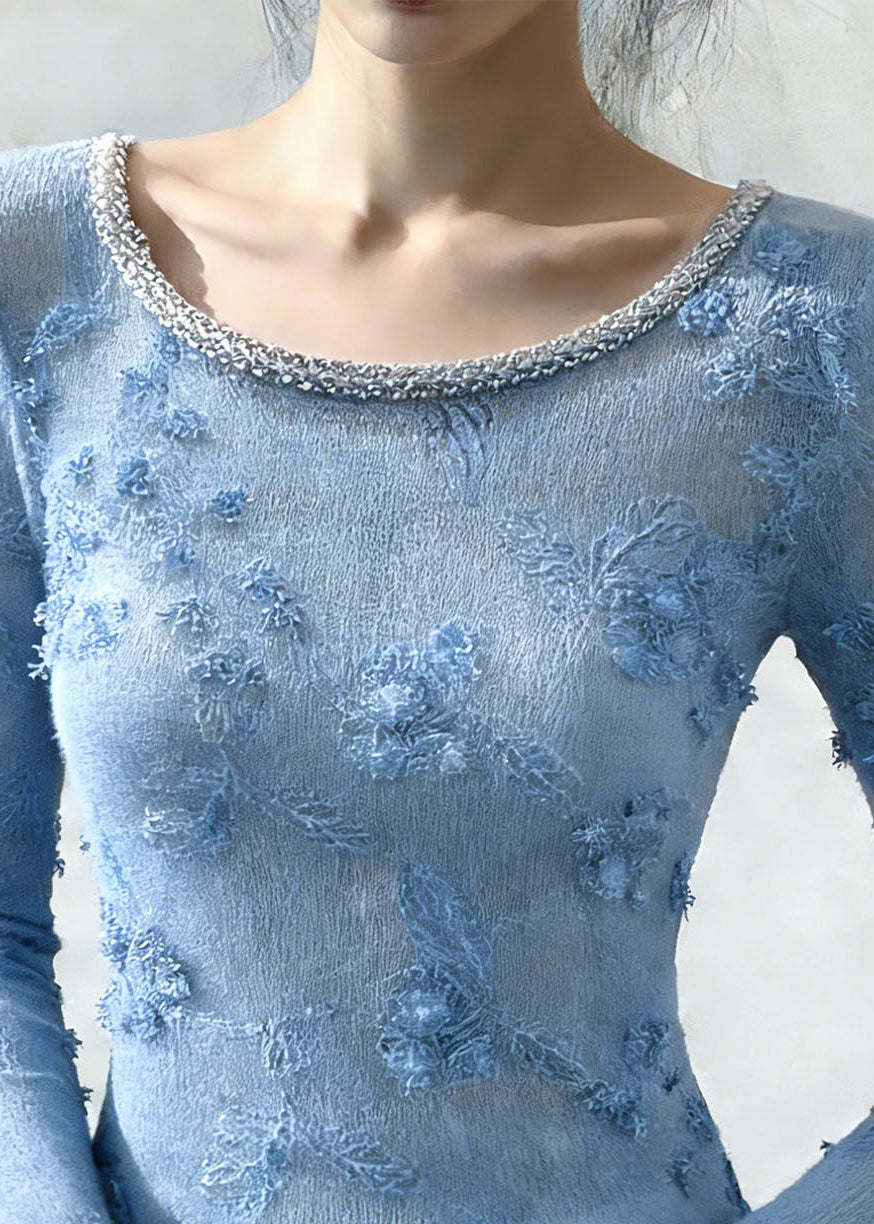 Handmade Blue Embroidered Zircon Knit Sweater Spring