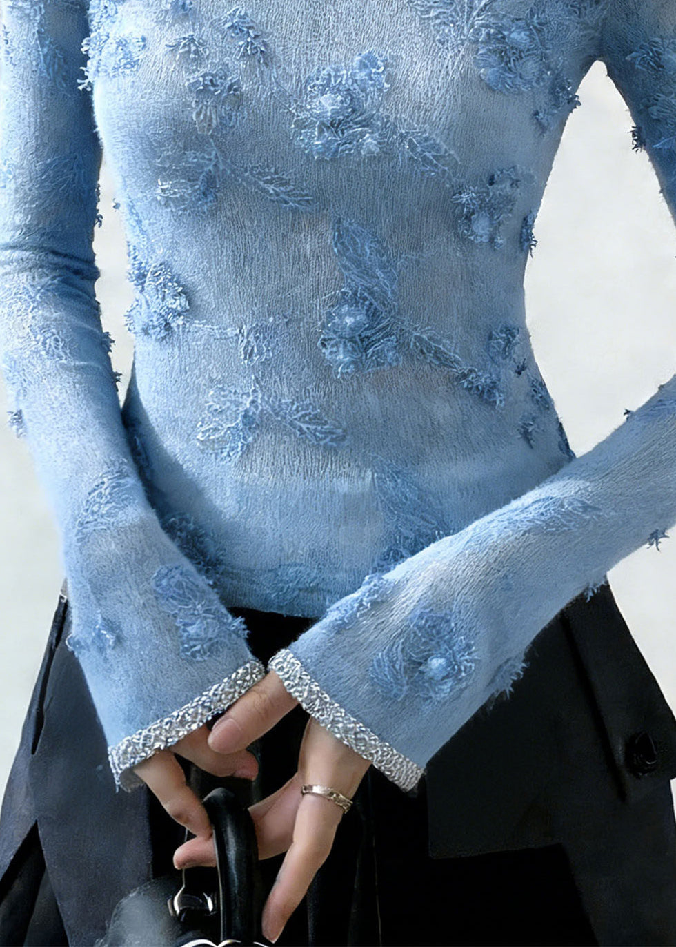 Handmade Blue Embroidered Zircon Knit Sweater Spring