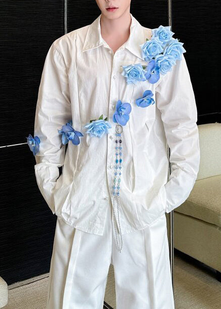Handmade Blue Floral Cotton Men Apparel Oversized Fall