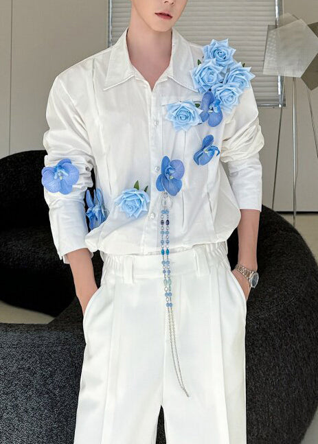Handmade Blue Floral Cotton Men Apparel Oversized Fall