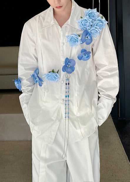 Handmade Blue Floral Cotton Men Apparel Oversized Fall