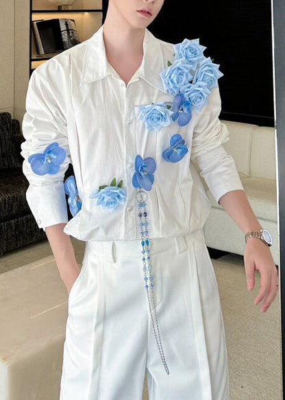 Handmade Blue Floral Cotton Men Apparel Oversized Fall
