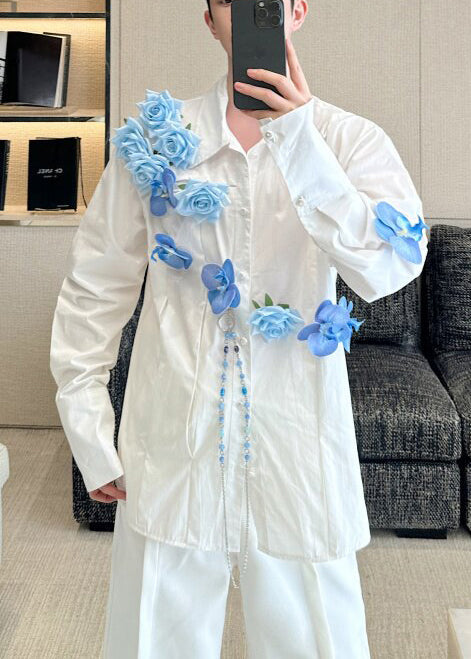 Handmade Blue Floral Cotton Men Apparel Oversized Fall