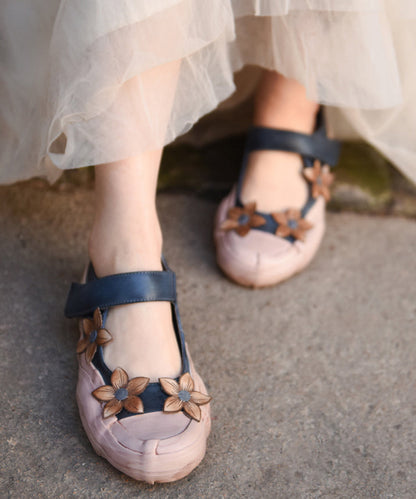 Handmade Blue Floral Cowhide Leather Flat Shoes Buckle Strap