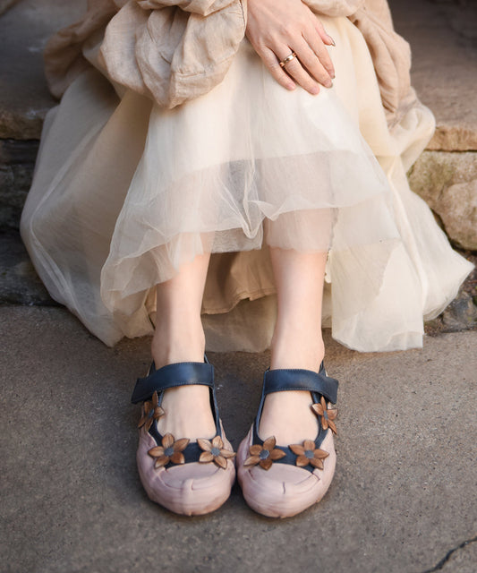 Handmade Blue Floral Cowhide Leather Flat Shoes Buckle Strap