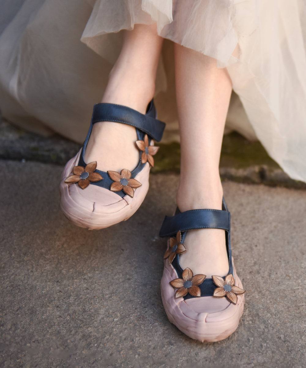 Handmade Blue Floral Cowhide Leather Flat Shoes Buckle Strap