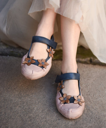 Handmade Blue Floral Cowhide Leather Flat Shoes Buckle Strap