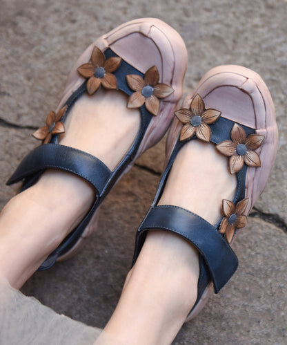 Handmade Blue Floral Cowhide Leather Flat Shoes Buckle Strap