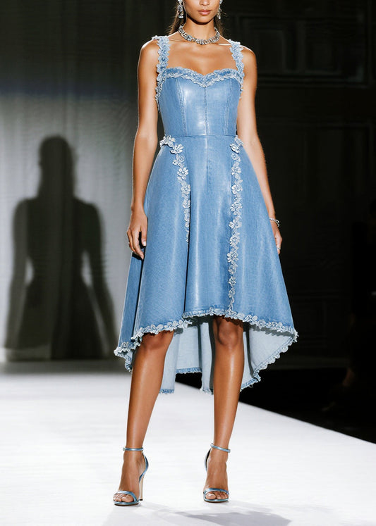 Handmade Blue Floral Decorated Exra Large Hem Denim Sundress Summer