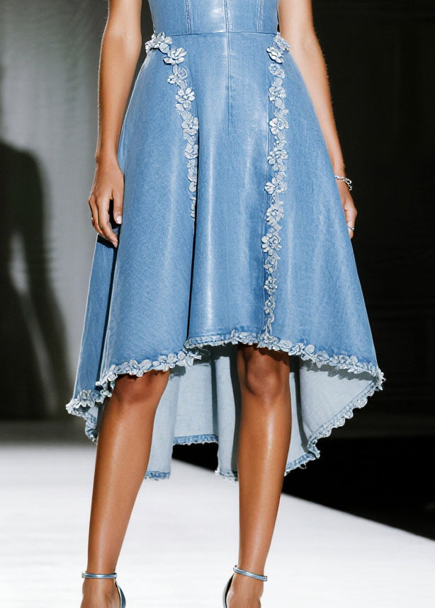 Handmade Blue Floral Decorated Exra Large Hem Denim Sundress Summer