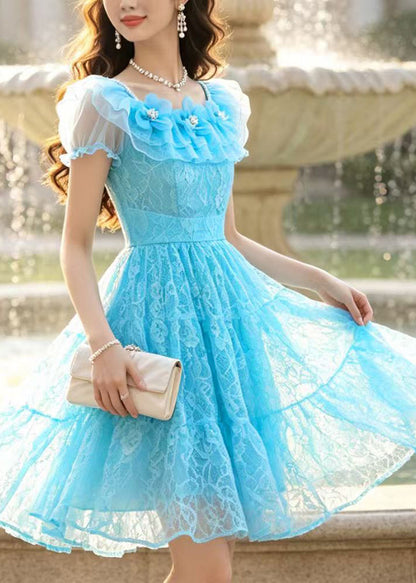 Handmade Blue Floral Lace Mini Dresses Summer