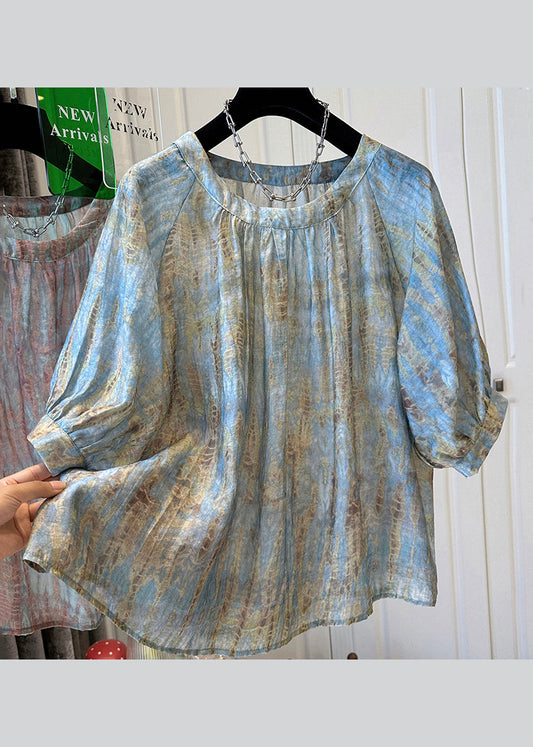 Handmade Blue O Neck Tie Dye Chiffon Top Bracelet Sleeve