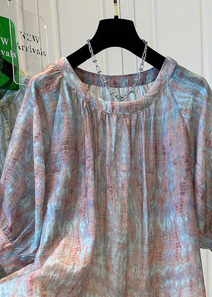 Handmade Blue O Neck Tie Dye Chiffon Top Bracelet Sleeve