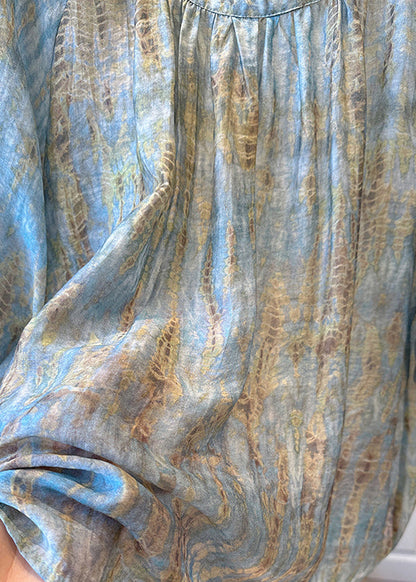 Handmade Blue O Neck Tie Dye Chiffon Top Bracelet Sleeve