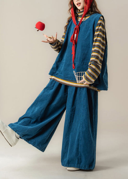 Handgefertigtes blaues Cord-Set mit Rundhalsausschnitt, bestehend aus Weste, T-Shirt und Hose, 3-teilig, für Damen, Frühling