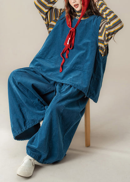 Handgefertigtes blaues Cord-Set mit Rundhalsausschnitt, bestehend aus Weste, T-Shirt und Hose, 3-teilig, für Damen, Frühling