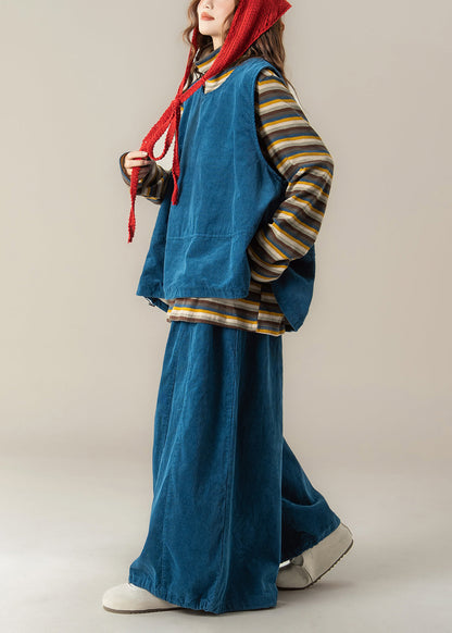 Handgefertigtes blaues Cord-Set mit Rundhalsausschnitt, bestehend aus Weste, T-Shirt und Hose, 3-teilig, für Damen, Frühling