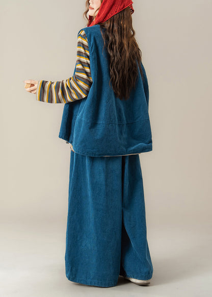 Handgefertigtes blaues Cord-Set mit Rundhalsausschnitt, bestehend aus Weste, T-Shirt und Hose, 3-teilig, für Damen, Frühling