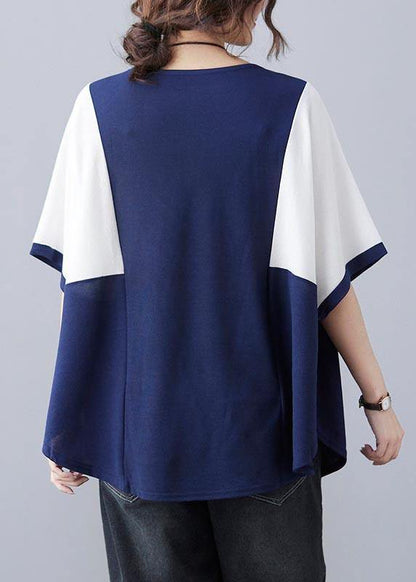 Handmade Blue Patchwork Batwing Sleeve Shirt Top Summer - SooLinen