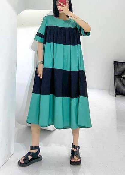 Handmade Blue Patchwork O-Neck Party Summer Cotton Dress - SooLinen