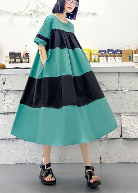 Handmade Blue Patchwork O-Neck Party Summer Cotton Dress - SooLinen