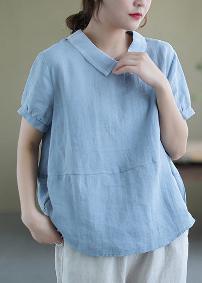 Handgemachtes Blaues Patchwork Solid Ramie T Shirt Sommer