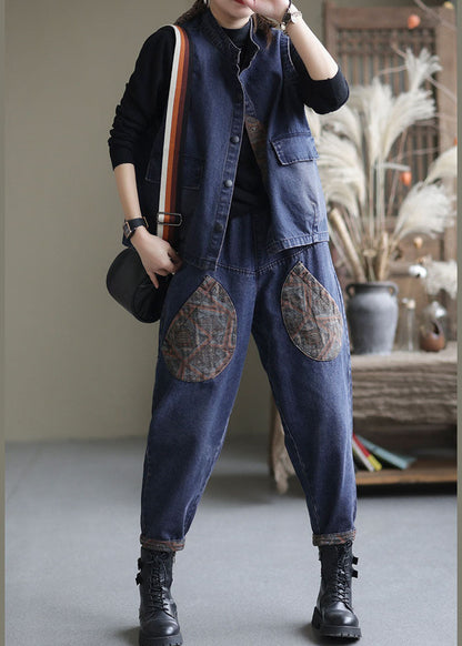 Handgemachtes Blaues Patchwork-Denim-Zweiteiler-Set Outfits Ärmellos