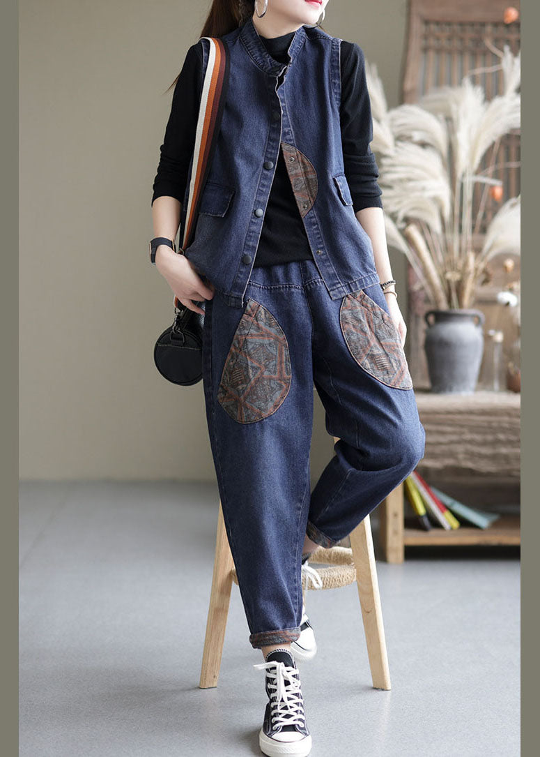 Handgemachtes Blaues Patchwork-Denim-Zweiteiler-Set Outfits Ärmellos