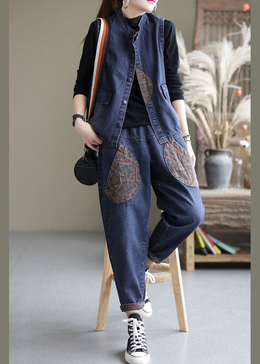 Handgemachtes Blaues Patchwork-Denim-Zweiteiler-Set Outfits Ärmellos