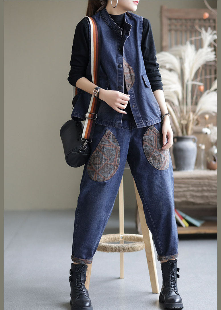 Handgemachtes Blaues Patchwork-Denim-Zweiteiler-Set Outfits Ärmellos