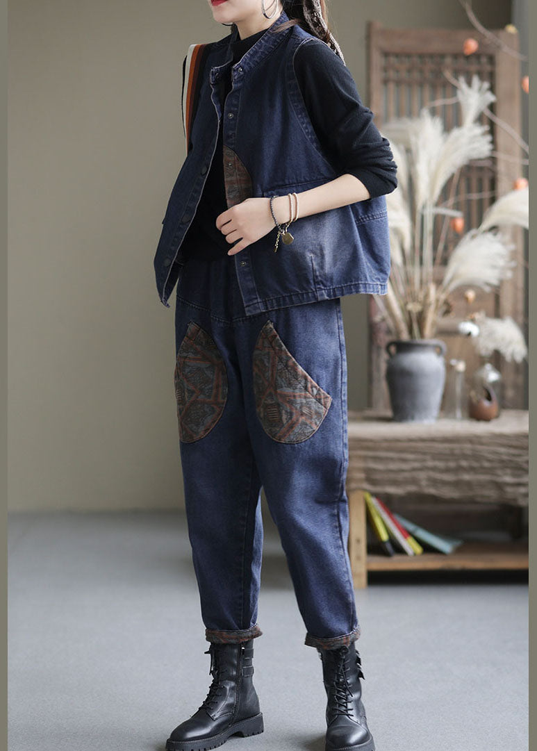 Handgemachtes Blaues Patchwork-Denim-Zweiteiler-Set Outfits Ärmellos