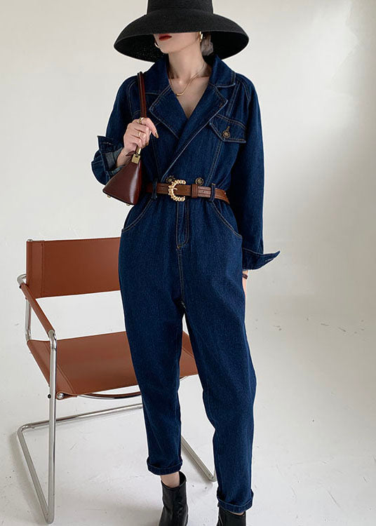 Handgemachter Blauer Peter Pan Kragen Jeans Jumpsuit Frühling