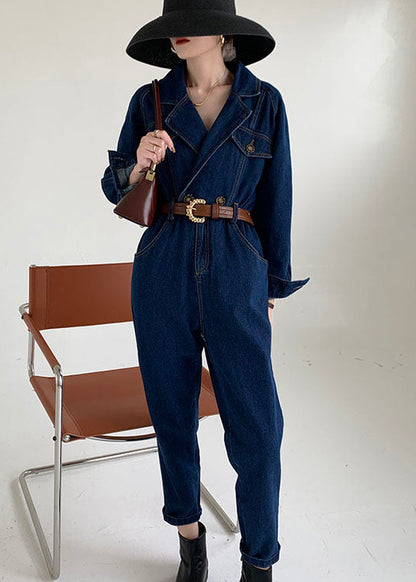 Handgemachter Blauer Peter Pan Kragen Jeans Jumpsuit Frühling