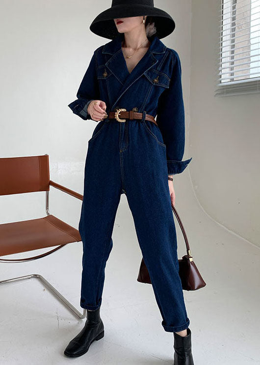 Handgemachter Blauer Peter Pan Kragen Jeans Jumpsuit Frühling