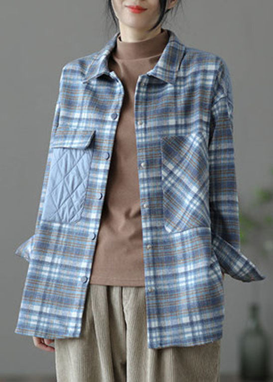 Handgemachte blau karierten Patchwork feine Baumwolle gefüllt Wollhemd Tops Frühling