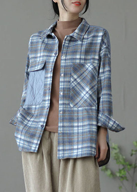 Handgemachte blau karierten Patchwork feine Baumwolle gefüllt Wollhemd Tops Frühling