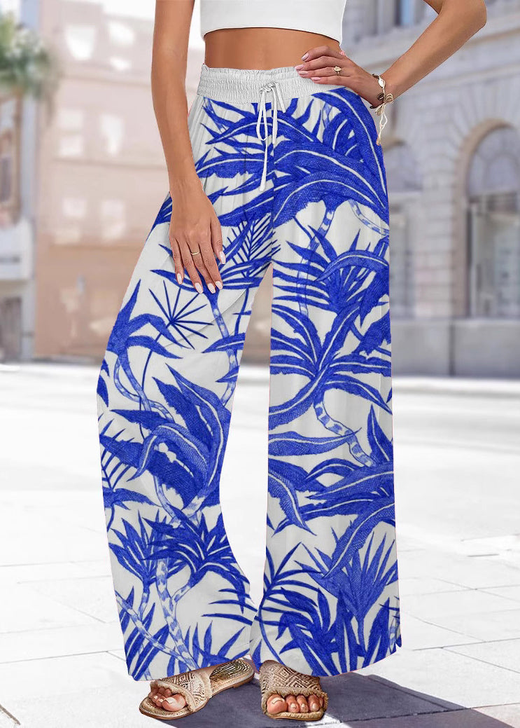 Handmade Blue Print Elastic Waist Wide Leg Pants Summer