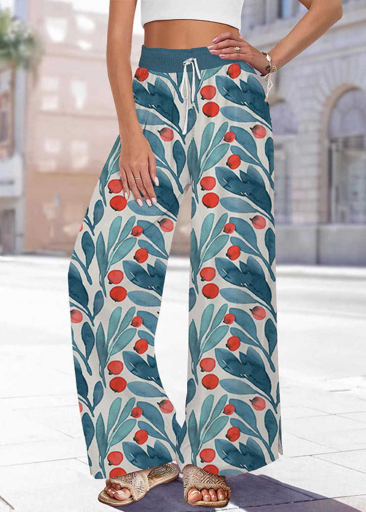 Handmade Blue Print Elastic Waist Wide Leg Pants Summer
