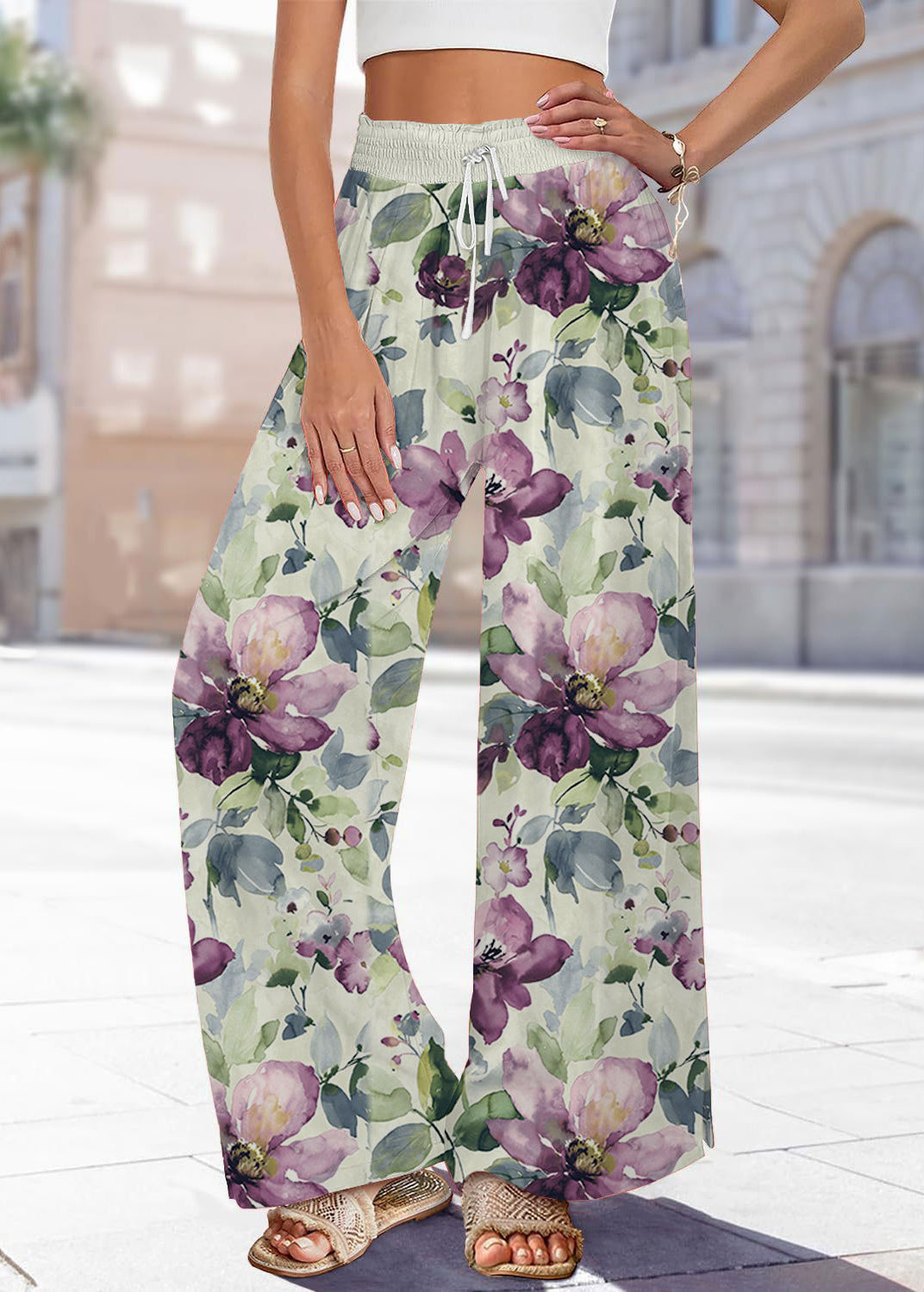 Handmade Blue Print Elastic Waist Wide Leg Pants Summer