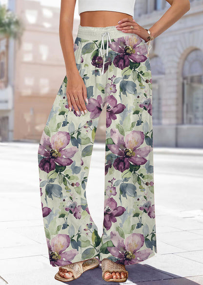 Handmade Blue Print Elastic Waist Wide Leg Pants Summer
