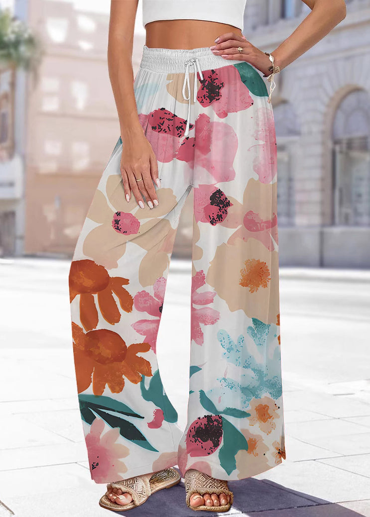 Handmade Blue Print Elastic Waist Wide Leg Pants Summer