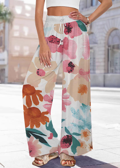 Handmade Blue Print Elastic Waist Wide Leg Pants Summer